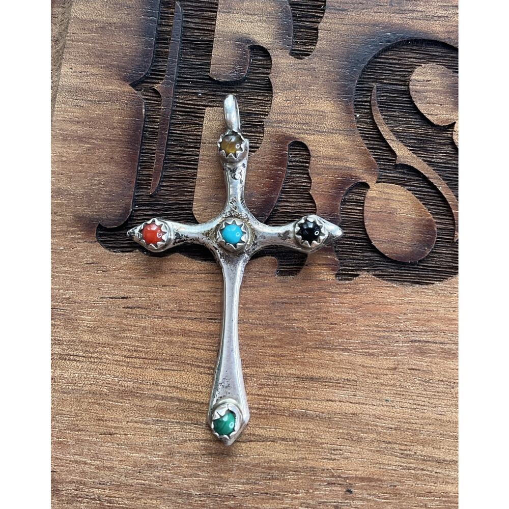Vintage Native 925 Sterling Multicolor Cross Pendant Turquoise Coral Signed